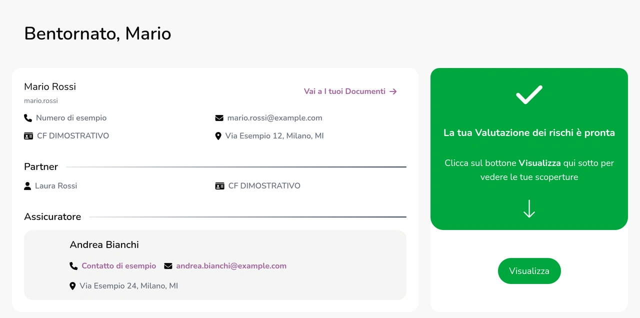 Accesso cliente: Entra nella tua dashboard. Schermata con dati dimostrativi.